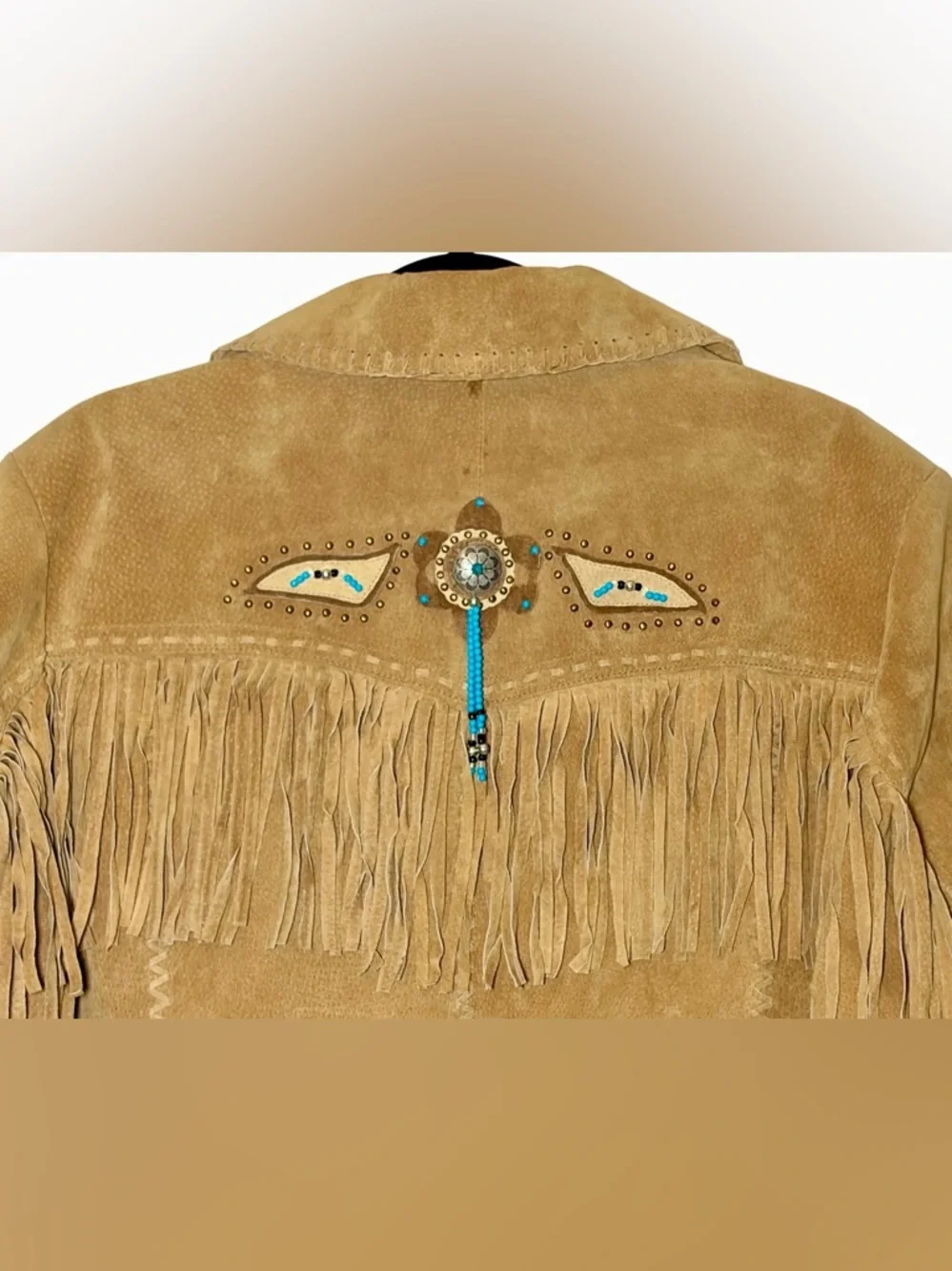 Via Accenti Fringe Suede Western Jacket in Tan with Turquoise & Beads, 22W - Picture 5 of 12